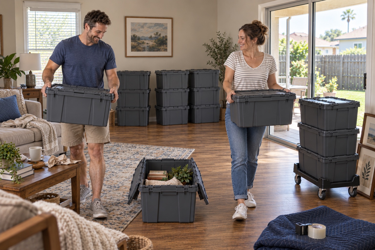 A couple packing charcoal moving totes in their living room, with a filled open tote in front and a loaded black dolly.